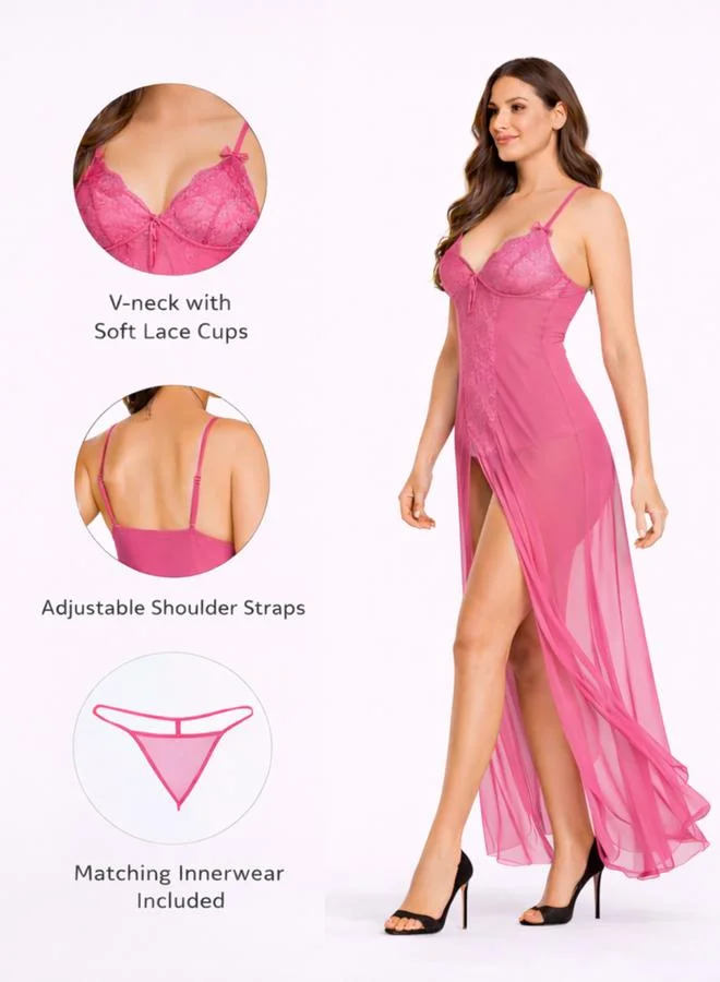 Take Two Lace Detail High Slit Mesh Slip Dress with Brief By LAZZYCAT